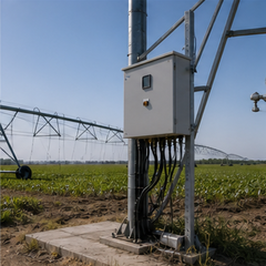 Agricultural irrigation site with outdoor electrical control enclosure
