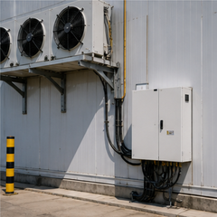 Cold storage facility exterior with refrigeration equipment and electrical enclosure