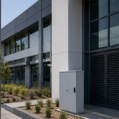 Commercial building exterior with electrical service enclosure
