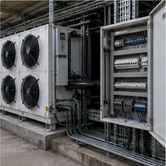 Industrial refrigeration plant with electrical distribution board and refrigeration equipment