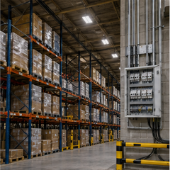 Warehouse racking and electrical distribution board in a logistics facility