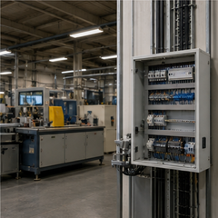 Manufacturing workshop with open electrical control cabinet