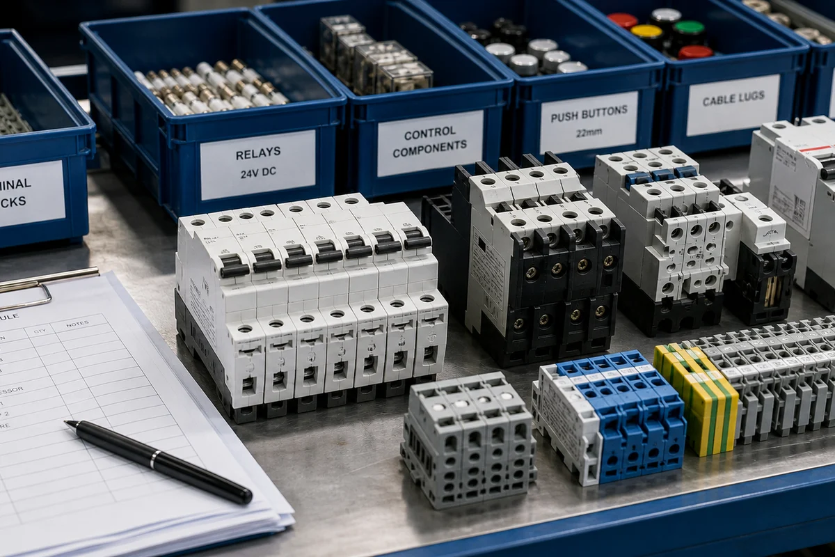 Electrical components arranged for confirming a distribution board build