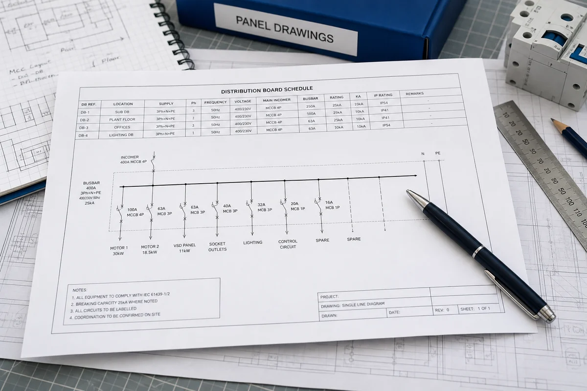 Distribution board schedule and single-line diagram prepared for a board quote