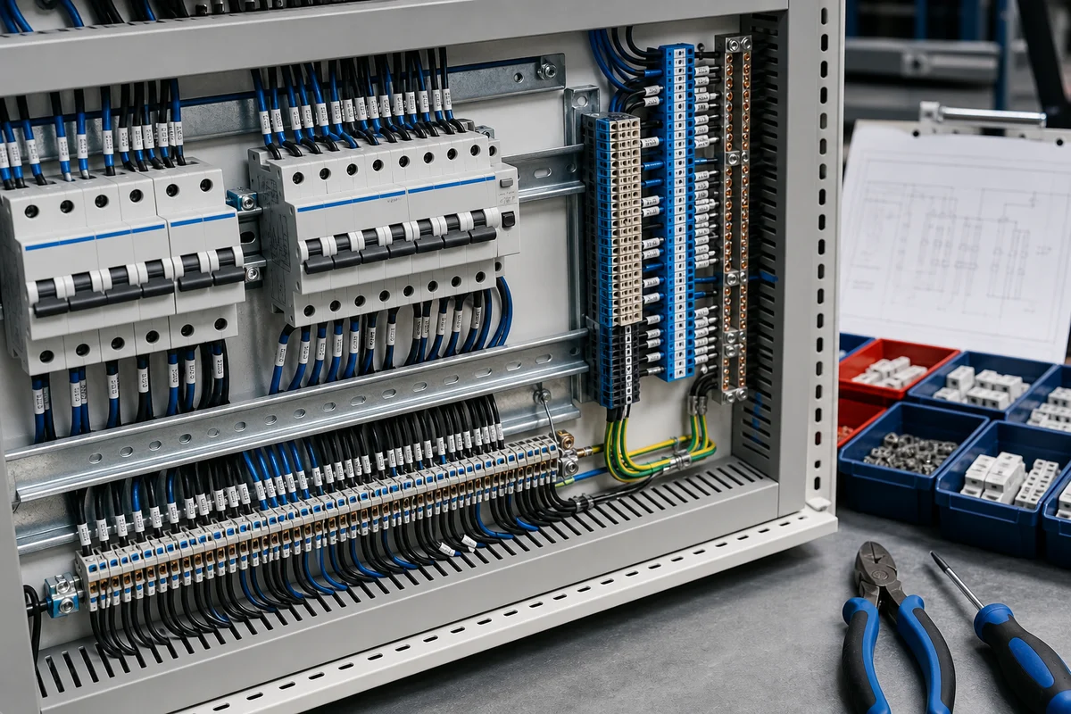 Distribution board being assembled with labelled wiring and terminal blocks