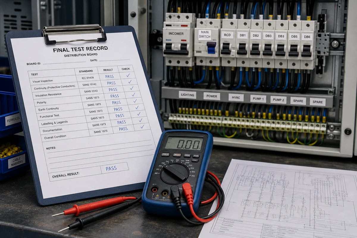 Final test record, multimeter and completed distribution board ready for handover